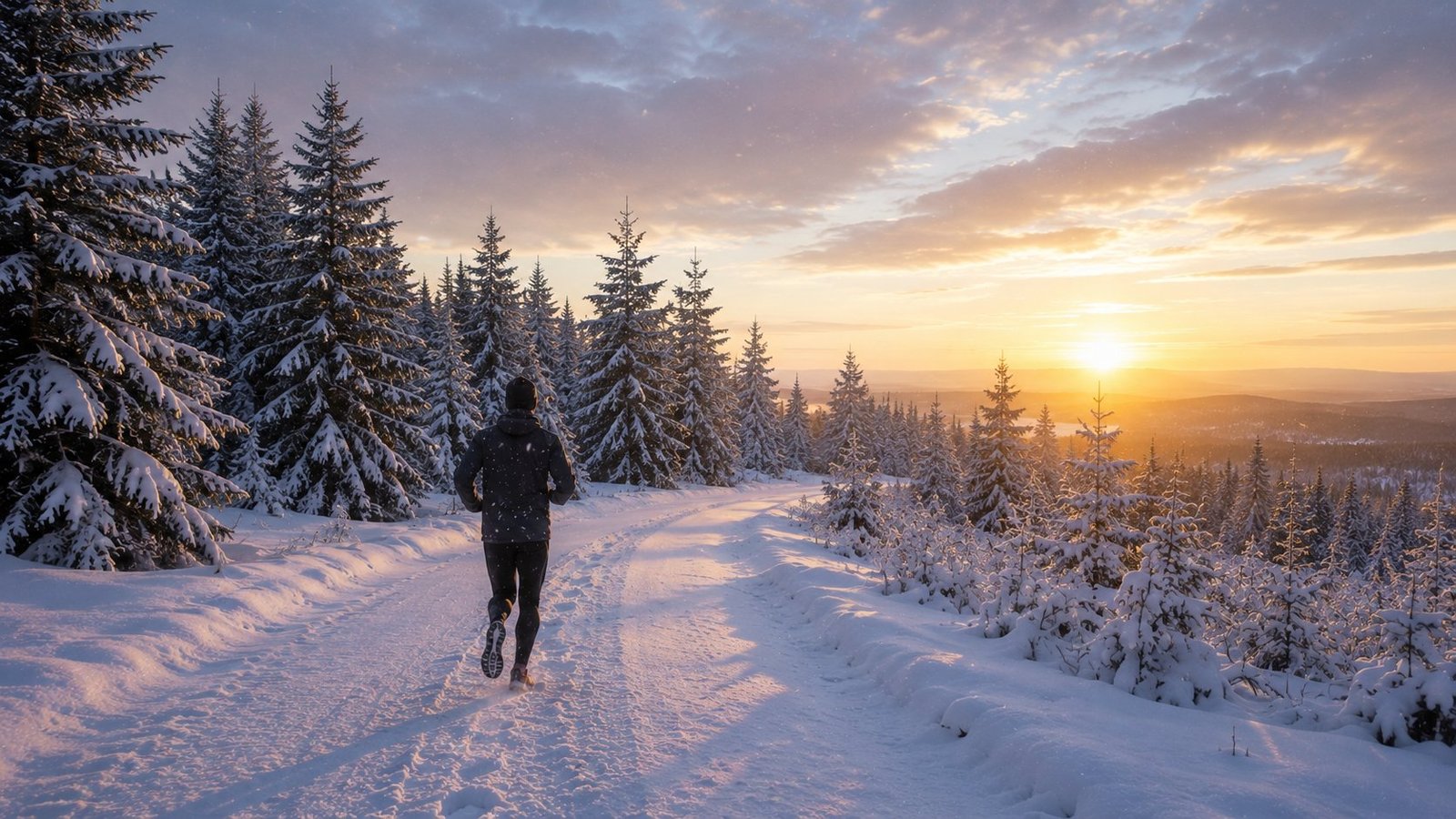 Läufer auf verschneitem Forstweg im Sonnenuntergang