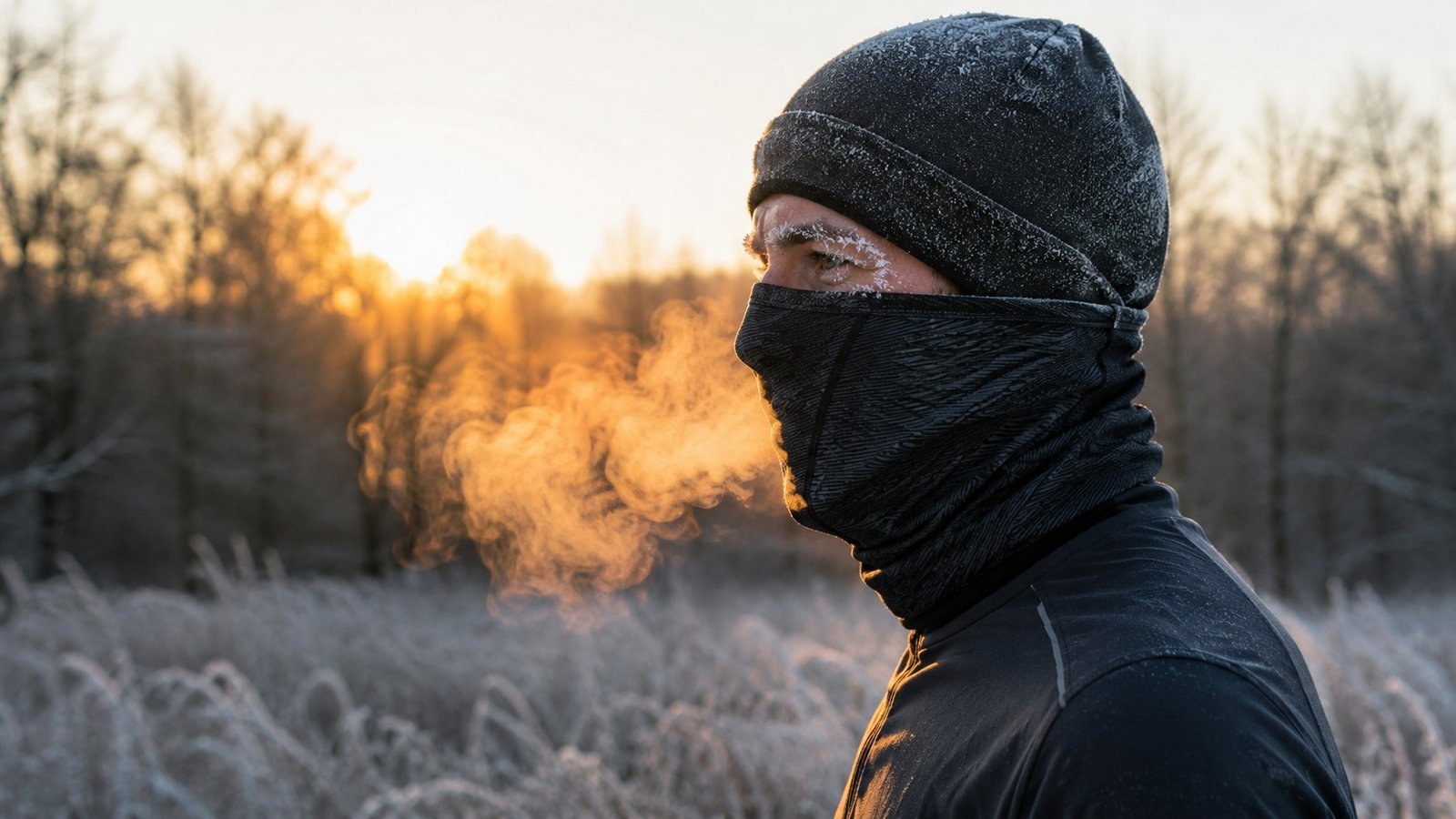 Läufer mit sichtbarem Atem und Buff über Nase und Mund im Sonnenaufgang