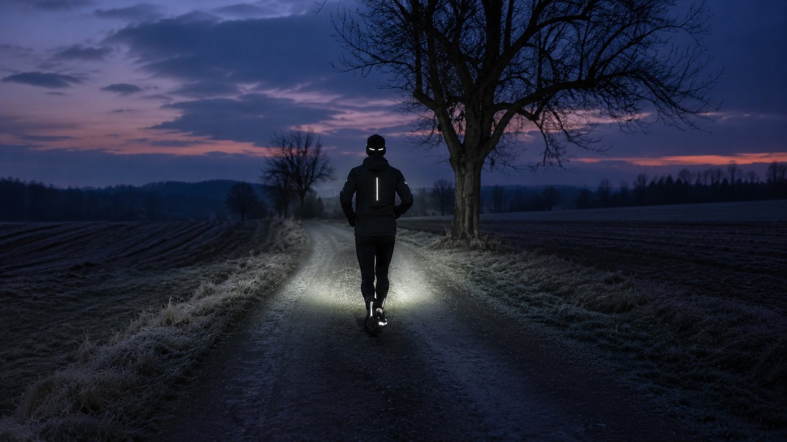 Läufer mit Stirnlampe und Reflektoren in der Dämmerung auf einem Feldweg