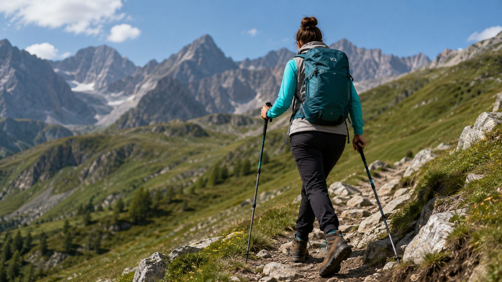 Wanderer in Schichten-Outfit mit Rucksack auf einem Bergweg